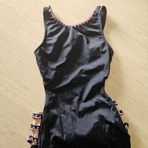 Weissman NWOT child medium semi custom dance costume black w pink rhinestones